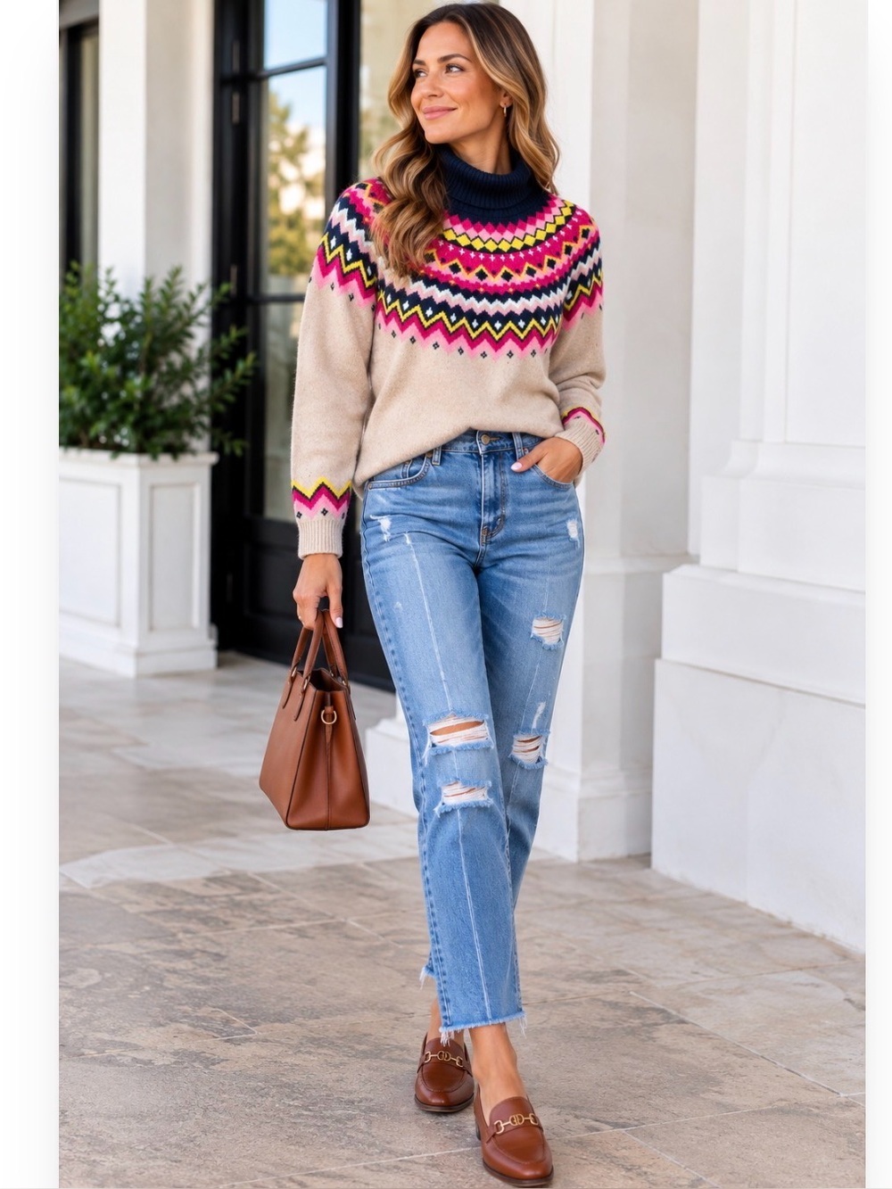 Lands' End Beige Turtleneck Sweater with Pink, Navy & Yellow Fair Isle Yoke